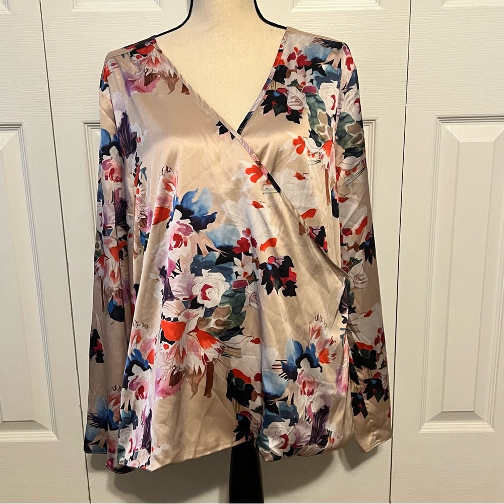 Boston Proper Floral Satin Feel Wrap Blouse - Multicolor Size XL